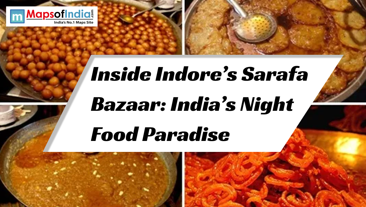 A collage of four traditional Indian street food dishes from Indore’s Sarafa Bazaar, including Gulab Jamun, Malpua, and Jalebi, with a text overlay that reads "Inside Indore’s Sarafa Bazaar: India’s Night Food Paradise."