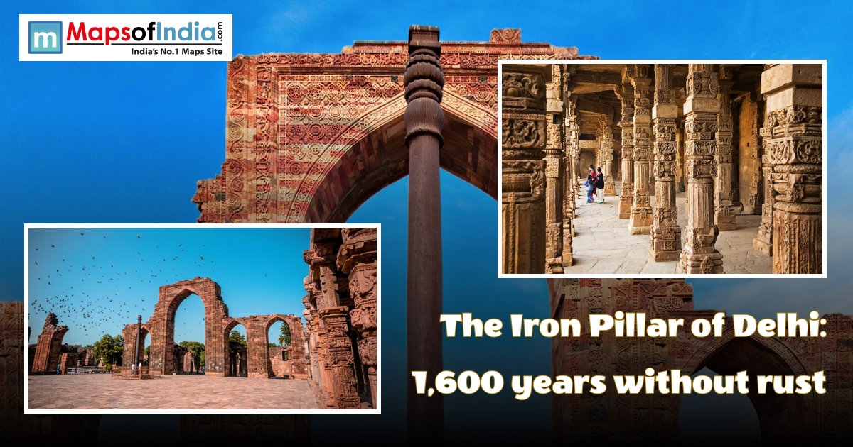 The ancient Iron Pillar of Delhi at the Qutub Minar complex, a 1,600-year-old rust-resistant monument standing amidst historic stone arches and pillars