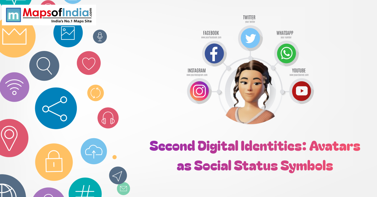 Illustration of a digital avatar surrounded by social media icons like Facebook, Instagram, Twitter, WhatsApp, and YouTube representing second digital identities and online status