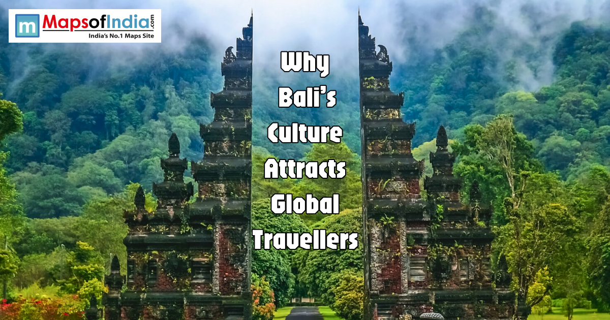 Ornate Balinese stone split gateway Candi Bentar in a lush green tropical forest with text "Why Bali’s Culture Attracts Global Travellers."