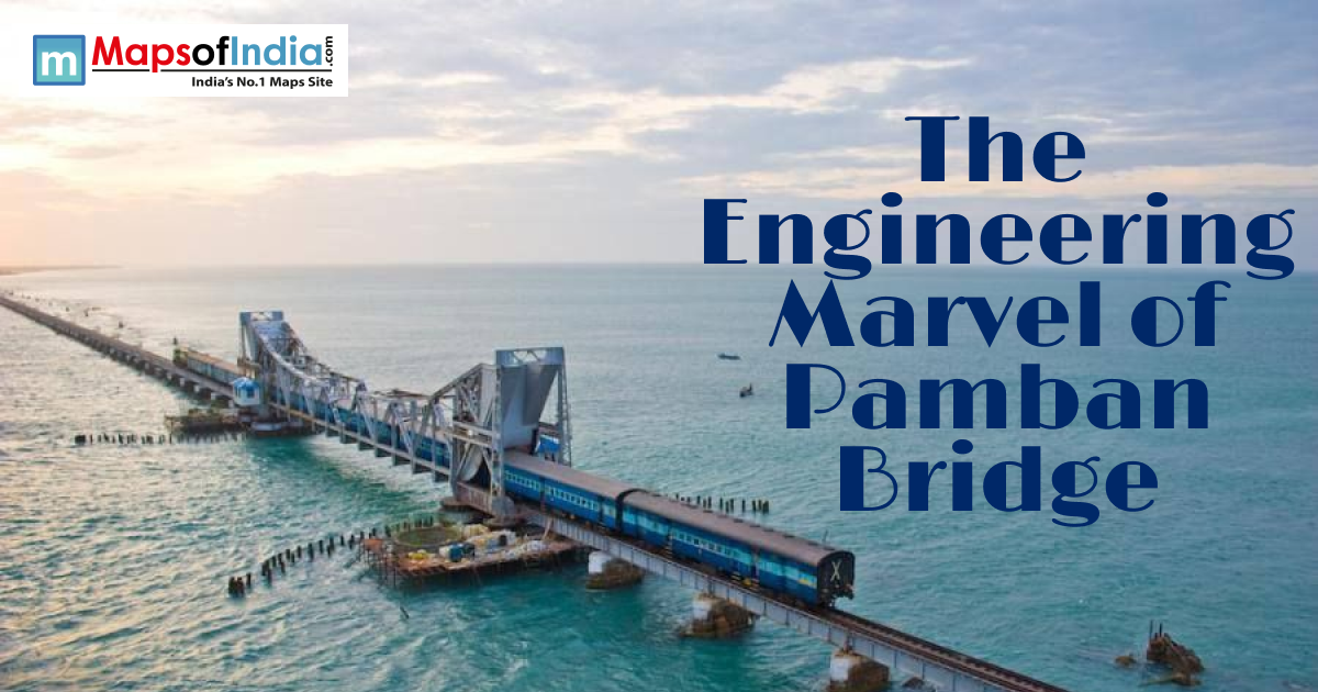 A train crosses the historic Pamban Bridge over the ocean in Tamil Nadu, India