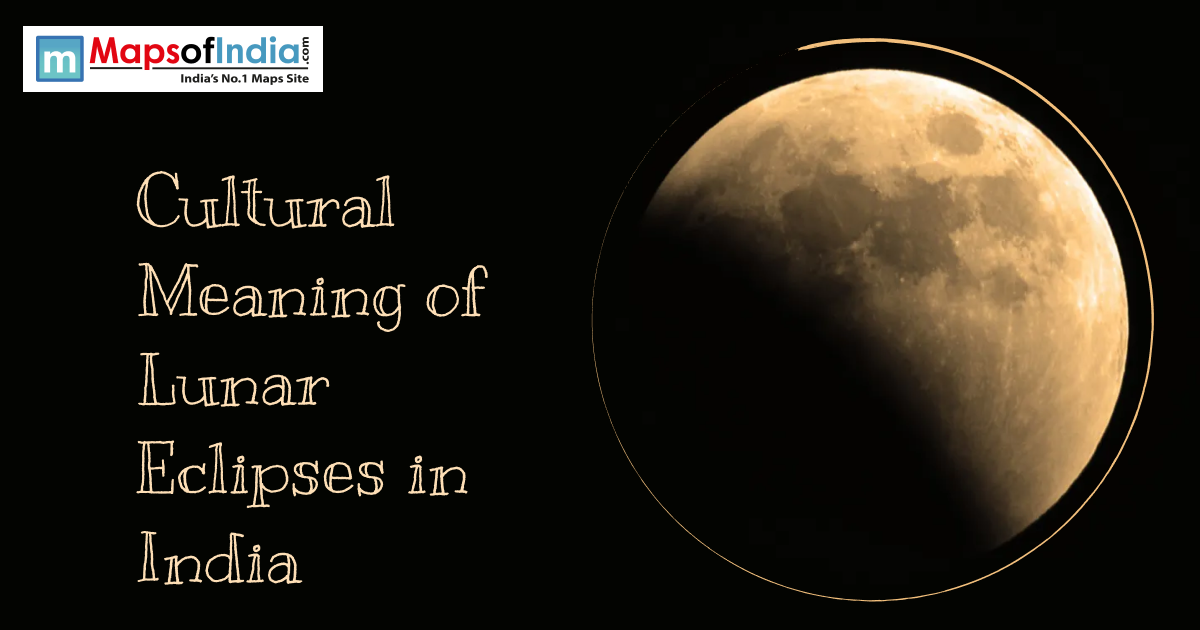 Partial lunar eclipse against a black background with the text "Cultural Meaning of Lunar Eclipses in India."