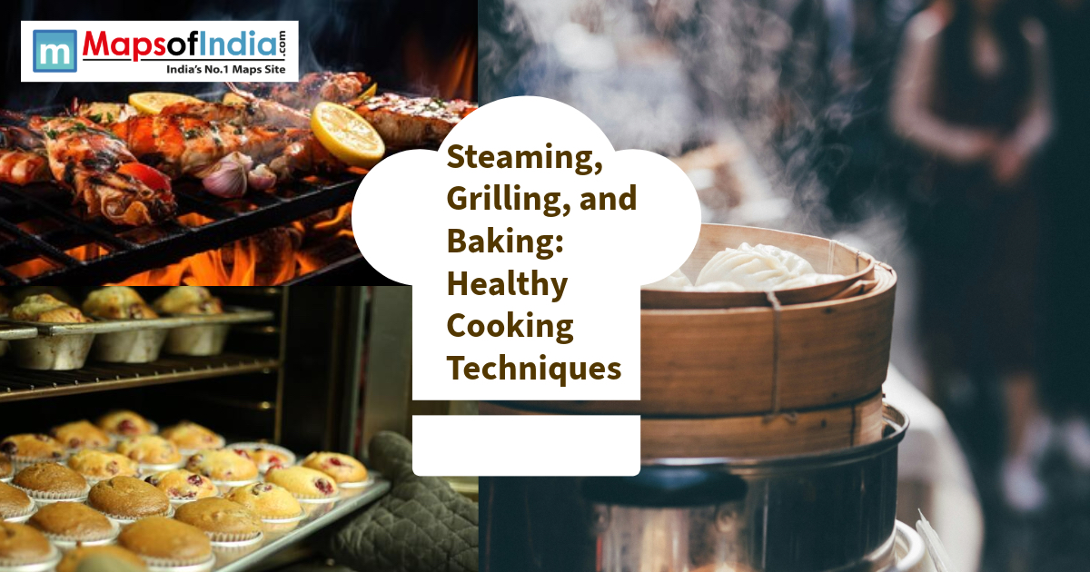 Collage showcasing grilling salmon, baking muffins, and steaming dumplings.