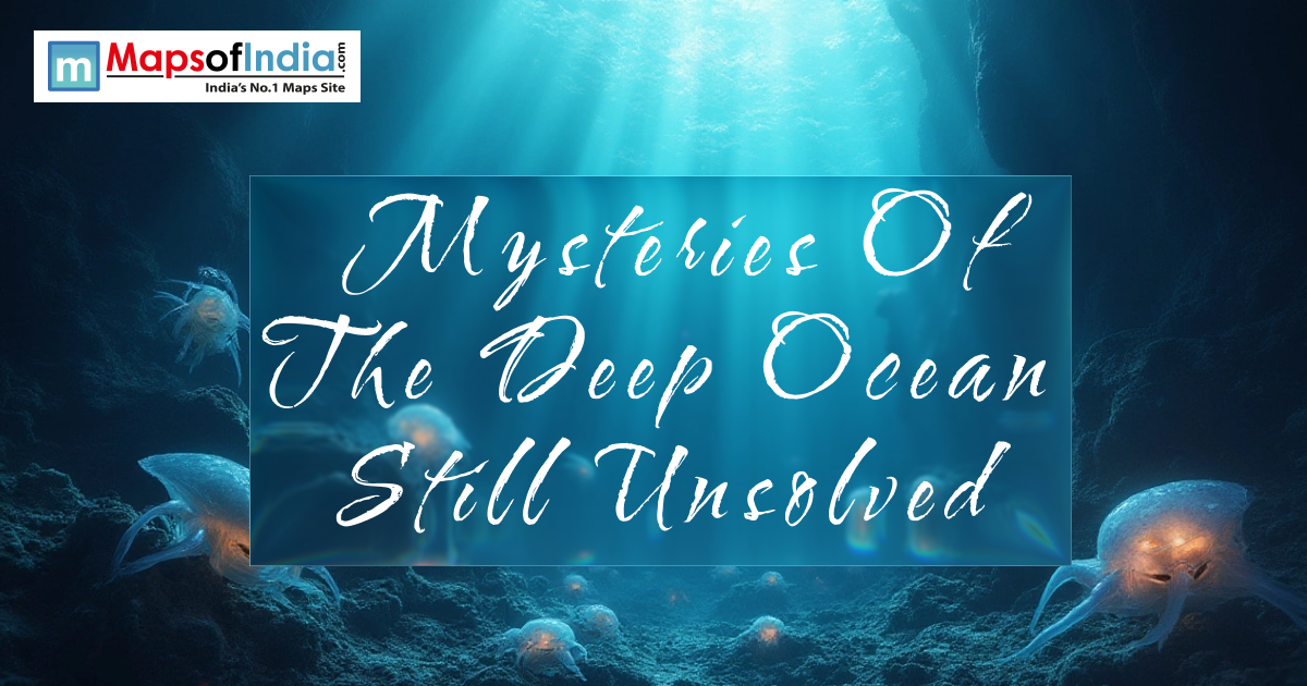 Illustration of the deep ocean with glowing jellyfish and light rays, featuring the title “Mysteries of the Deep Ocean Still Unsolved.”