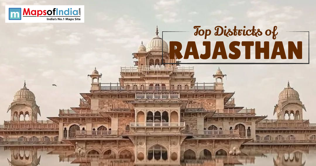 Scenic view of a historic palace in Rajasthan with “Top Districts of Rajasthan” title overlay
