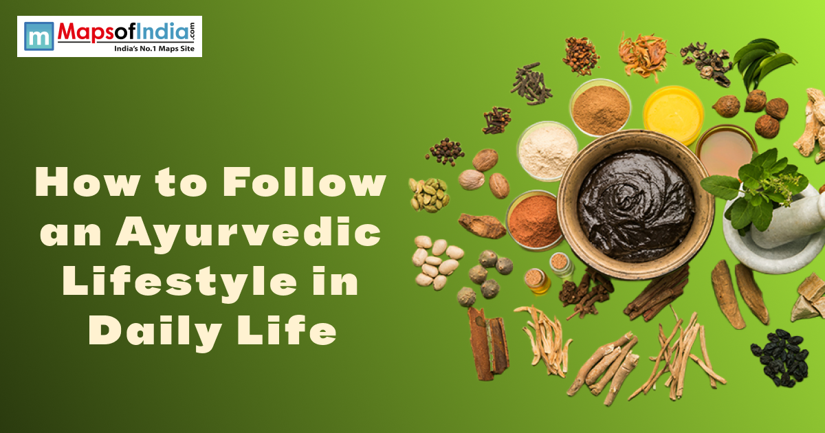 Banner showing Ayurvedic herbs, spices, and a herbal paste with the text “How to Follow an Ayurvedic Lifestyle in Daily Life” on a green background.