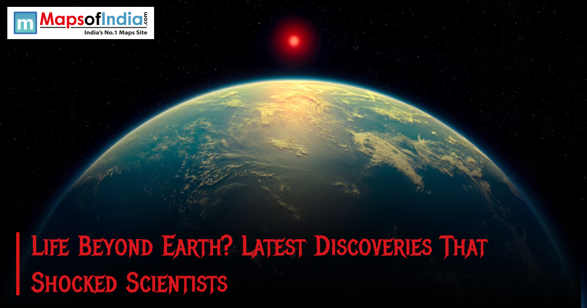 Illustration of Earth from space with a glowing red star above and the text “Life Beyond Earth? Latest Discoveries That Shocked Scientists.”