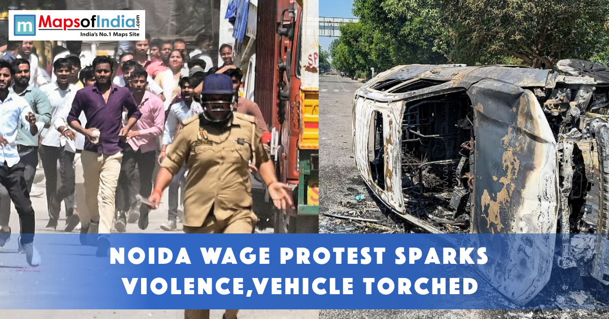 Workers protest in Noida turns violent as police intervene, with a vehicle seen overturned and burned on the road