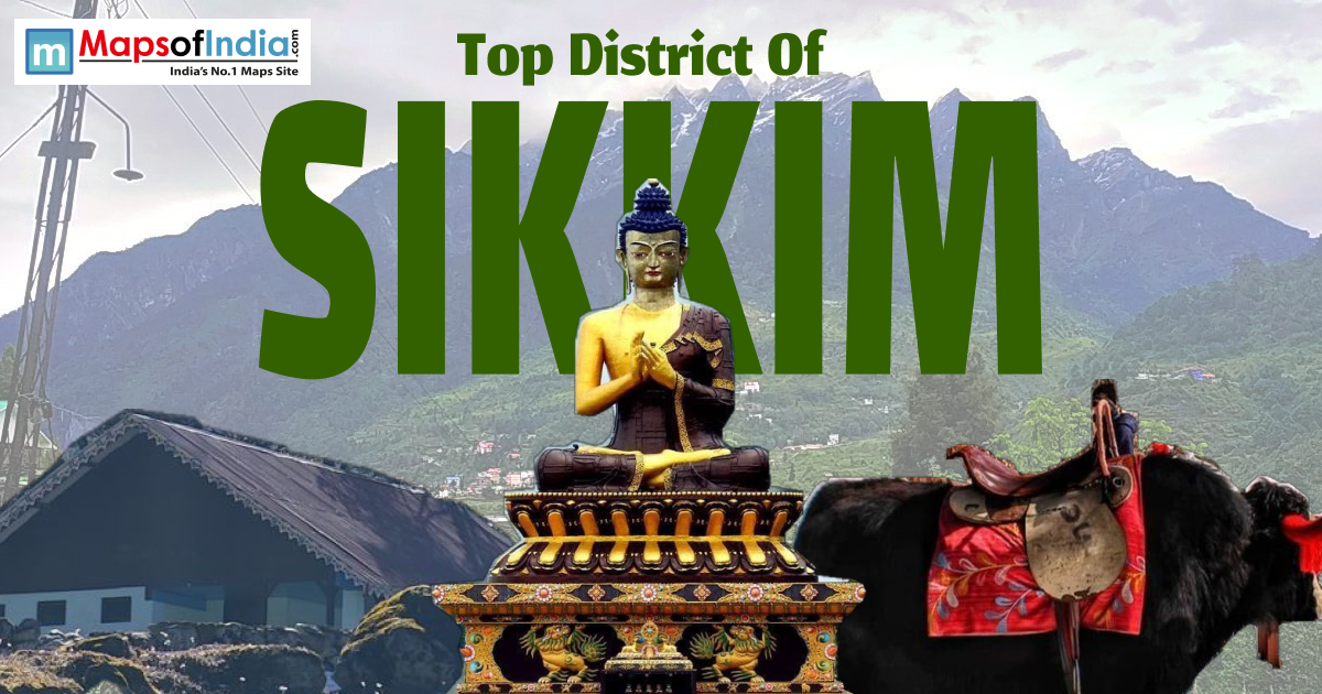 Top district of Sikkim banner featuring Buddha statue, mountain landscape, traditional house, and yak with saddle.