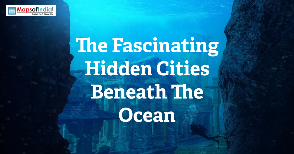 Illustration of an ancient hidden underwater city beneath the ocean with ruins, deep blue water, and a diver exploring submerged structures.