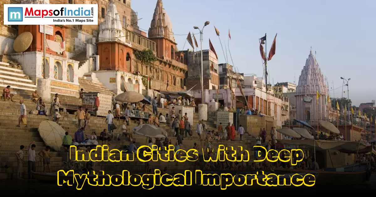 Crowded riverfront ghat in India with temples and text: "Indian Cities With Deep Mythological Importance."