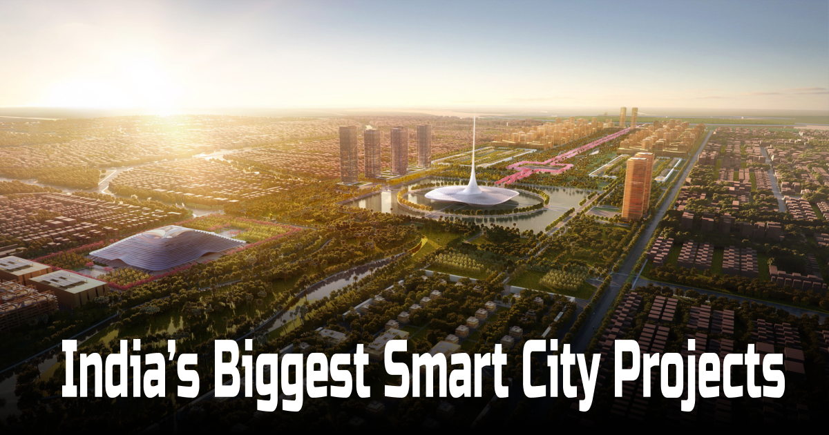 Futuristic aerial view of a modern smart city project in India with advanced infrastructure, green spaces, and high-rise buildings.