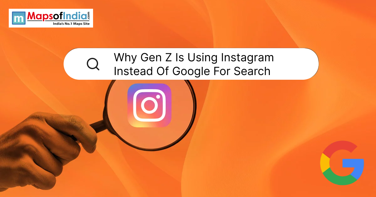 Illustration showing why Gen Z prefers Instagram over Google for search with Instagram logo under a magnifying glass.