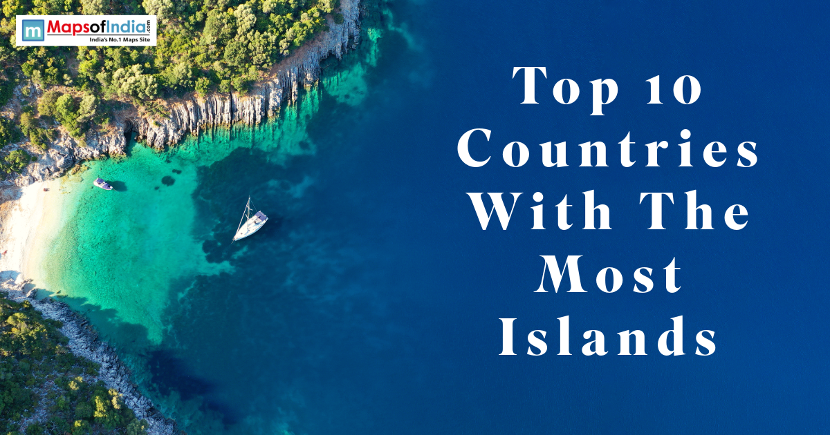 Aerial view of a tropical island coastline with turquoise water and a yacht, featuring the title “Top 10 Countries With The Most Islands”