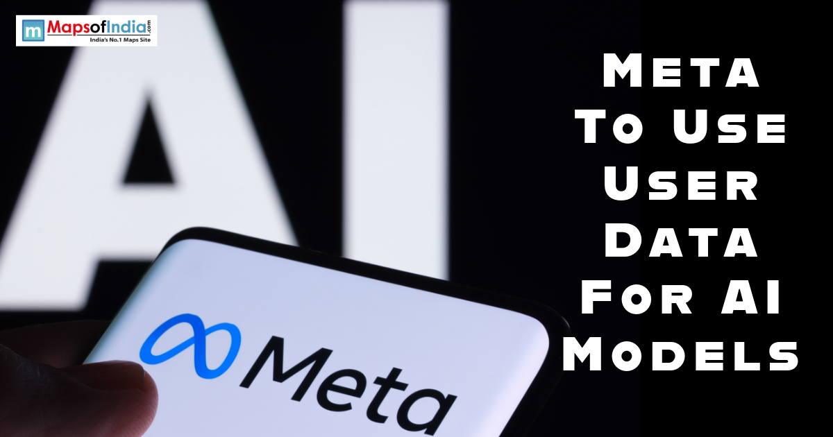 Close-up of a smartphone displaying the Meta logo against a blurred AI background, featured in a news graphic about Meta using user data for AI models.