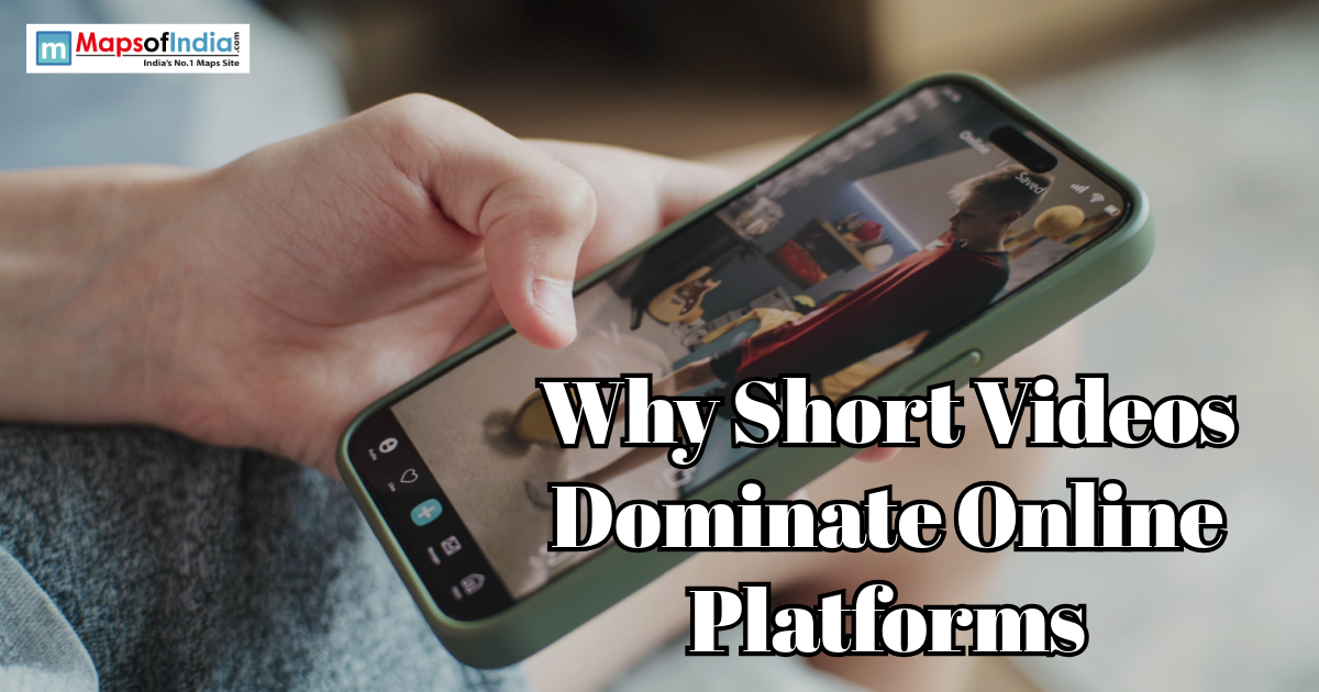 Hand holding a smartphone displaying short video content with the text “Why Short Videos Dominate Online Platforms”.