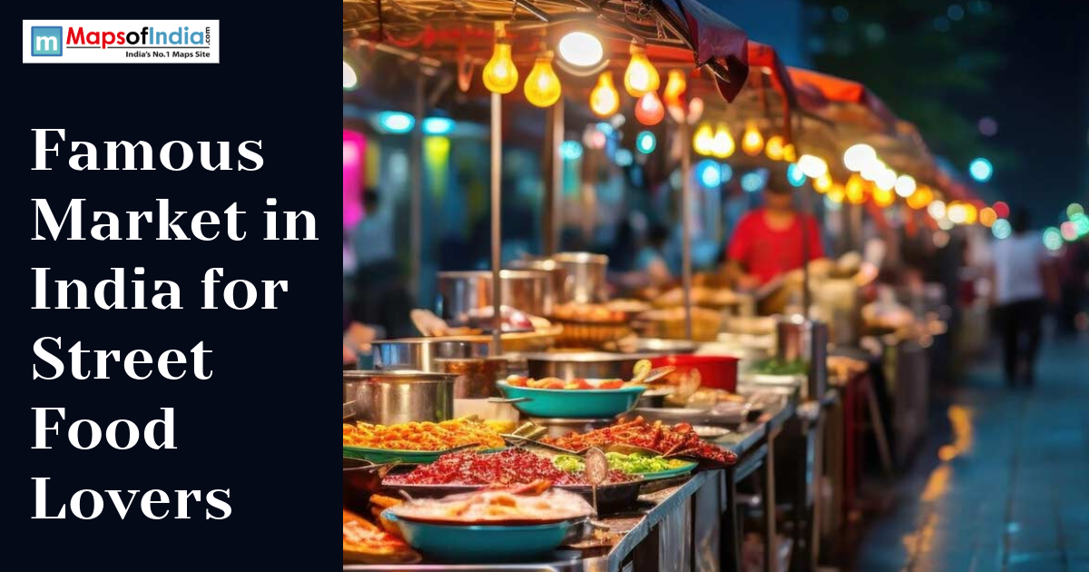 Street food stalls in an Indian market with colorful lights and various dishes displayed for food lovers.