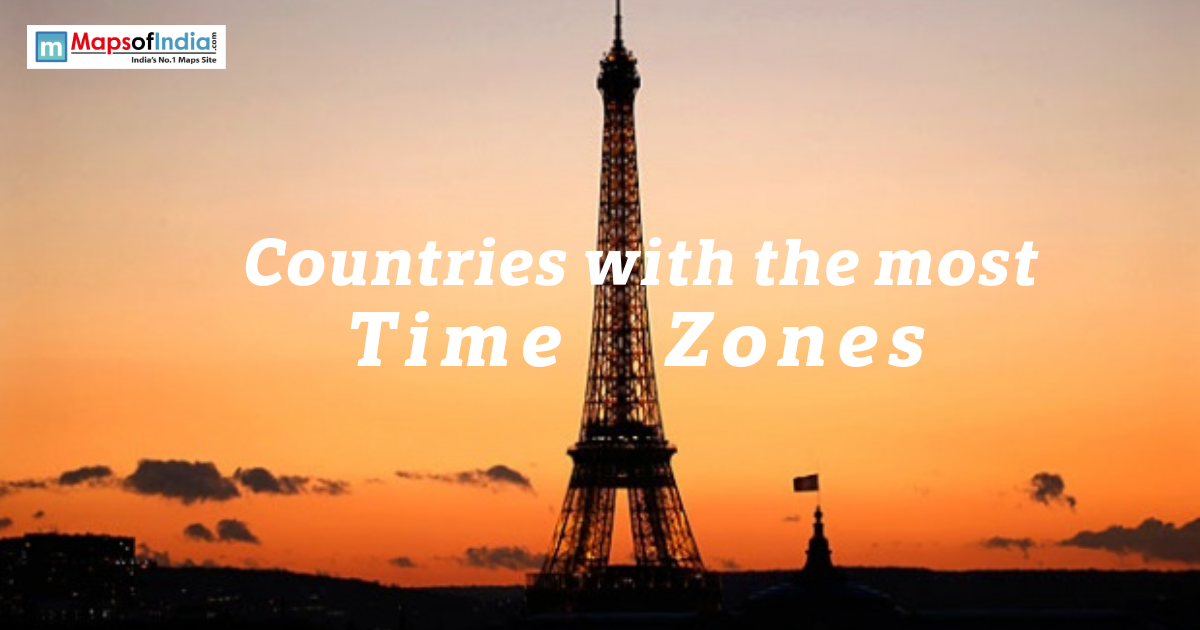 Silhouette of the Eiffel Tower at sunset with the text “Countries with the most Time Zones” on the image.