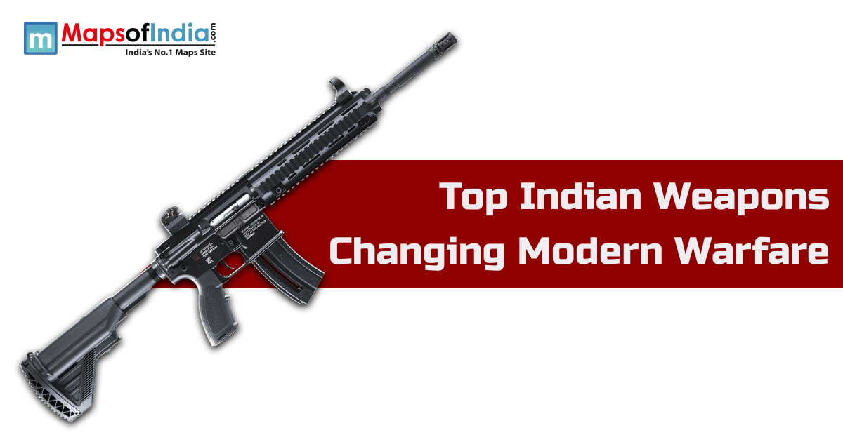 An assault rifle on a white and red background with text "Top Indian Weapons Changing Modern Warfare" and Maps of India logo.