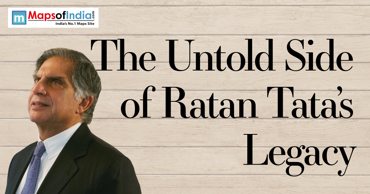 Portrait of Ratan Tata with the title “The Untold Side of Ratan Tata’s Legacy” on a wooden background, featuring Maps of India branding.