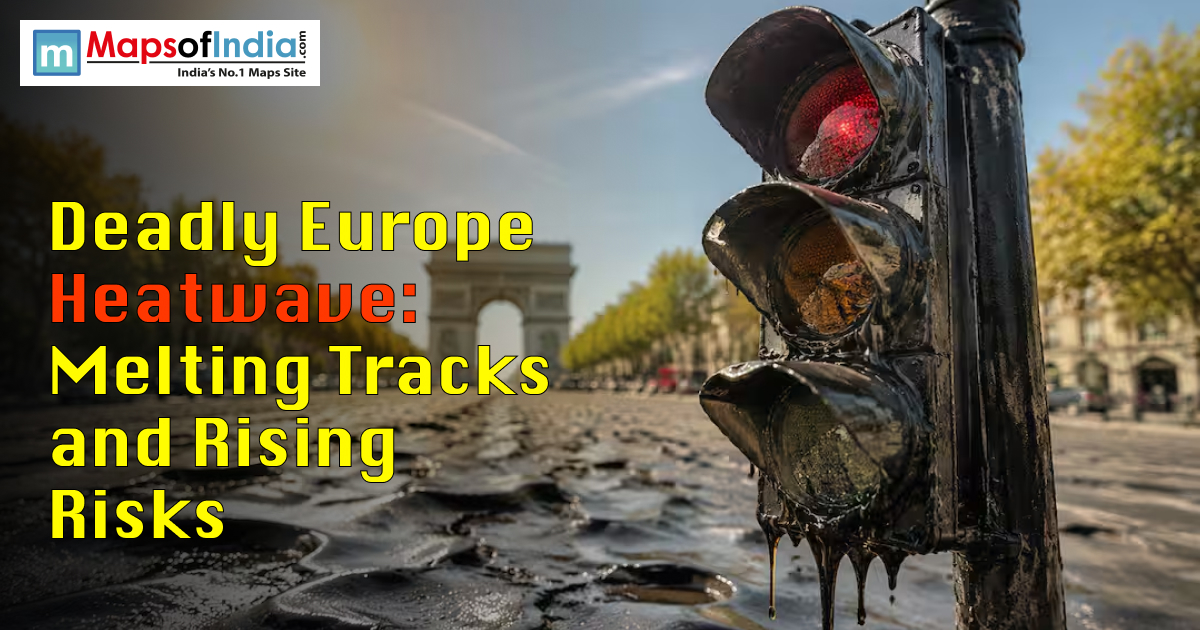 Deadly Europe heatwave impact with extreme heat, melting roads, and rising climate risks in a city landscape.