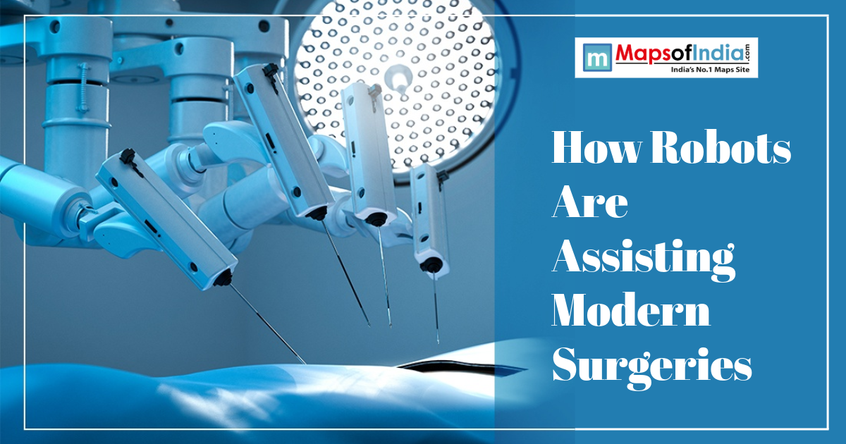 Robotic surgical arms hovering over a patient table from Modern surgery .jpg, captioned "How Robots Are Assisting Modern Surgeries."