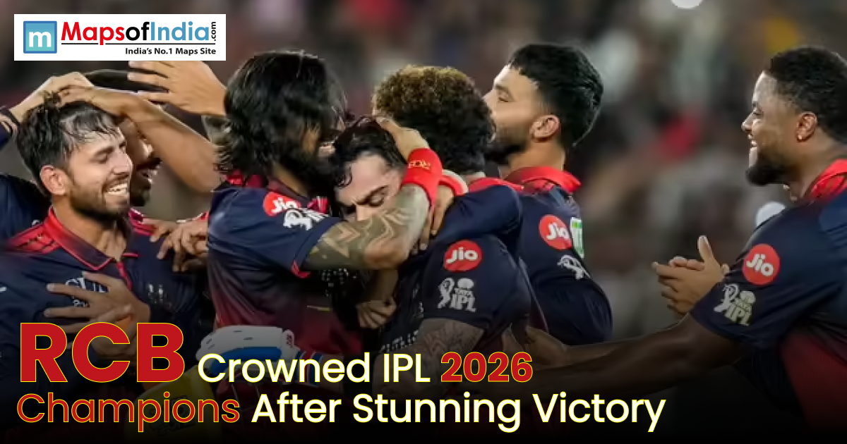RCB players celebrate joyfully on the field after winning the IPL 2026 championship title.