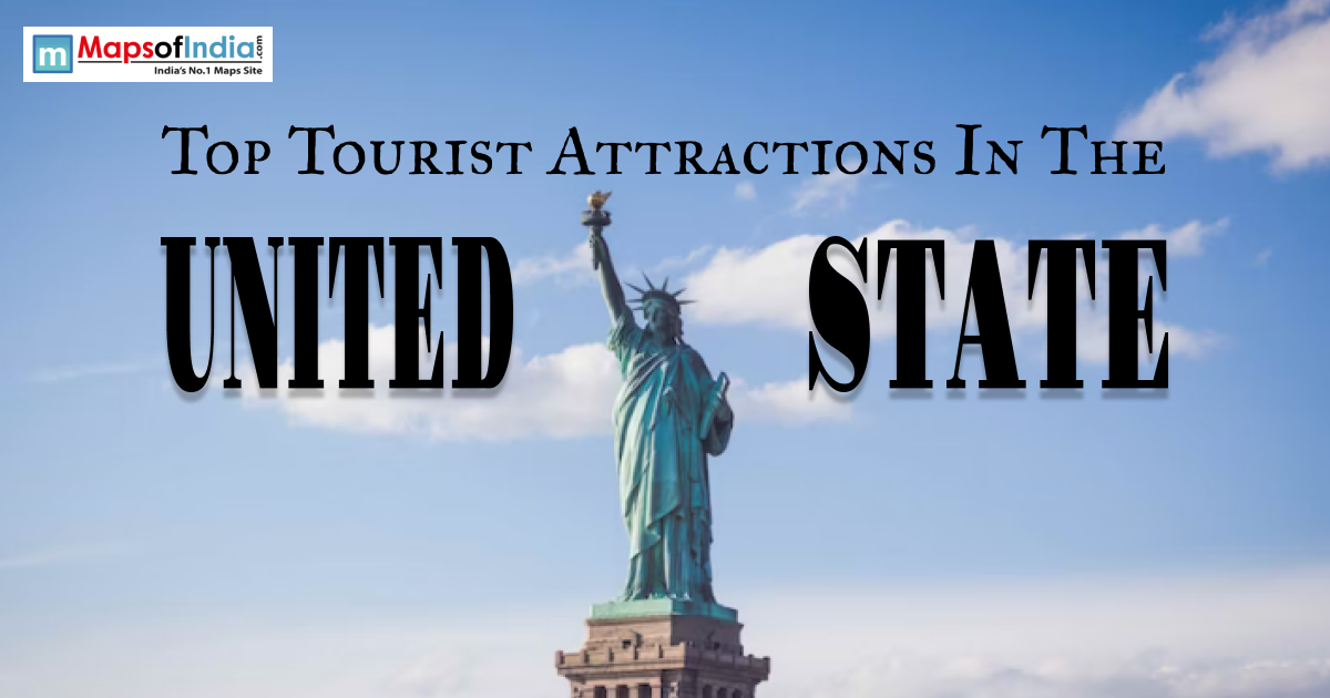 The Statue of Liberty against a blue sky, featured in a graphic highlighting the top tourist attractions in the United States.