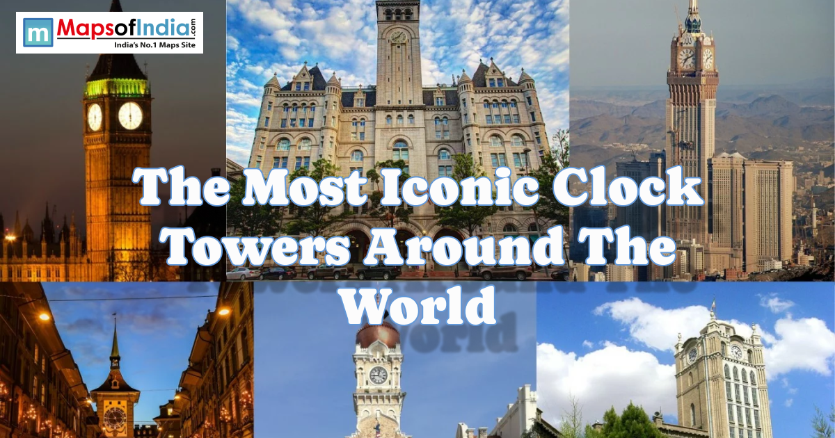 Collage showcasing the most iconic clock towers around the world with famous landmark towers and historic architecture.