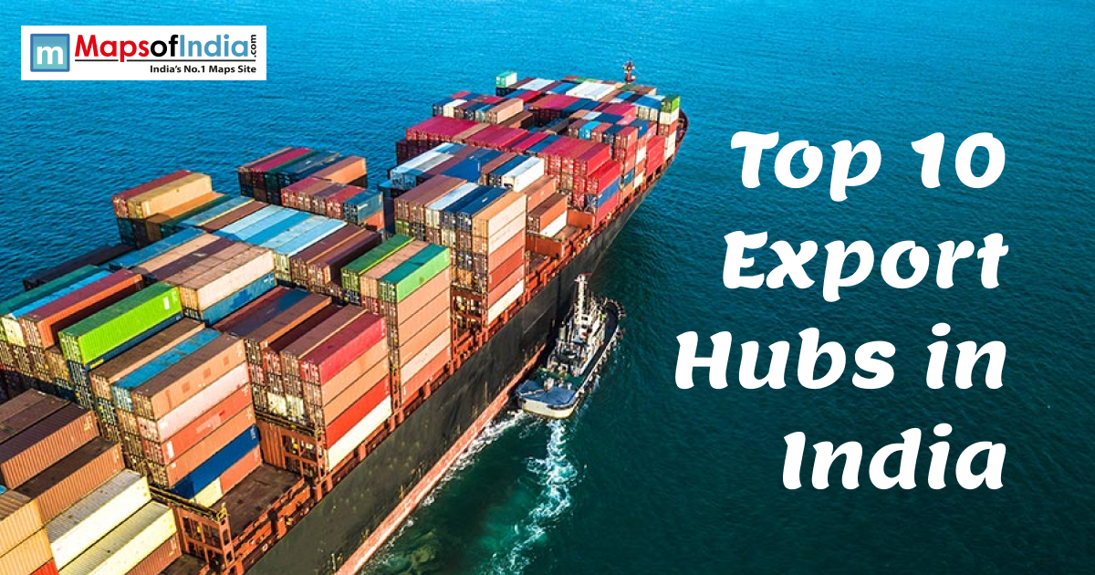 Top 10 Export Hubs in India featuring a cargo ship with shipping containers for global trade.
