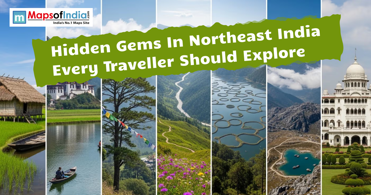 Hidden gems of Northeast India featuring scenic landscapes, mountains, lakes, cultural sites, and offbeat travel destinations.