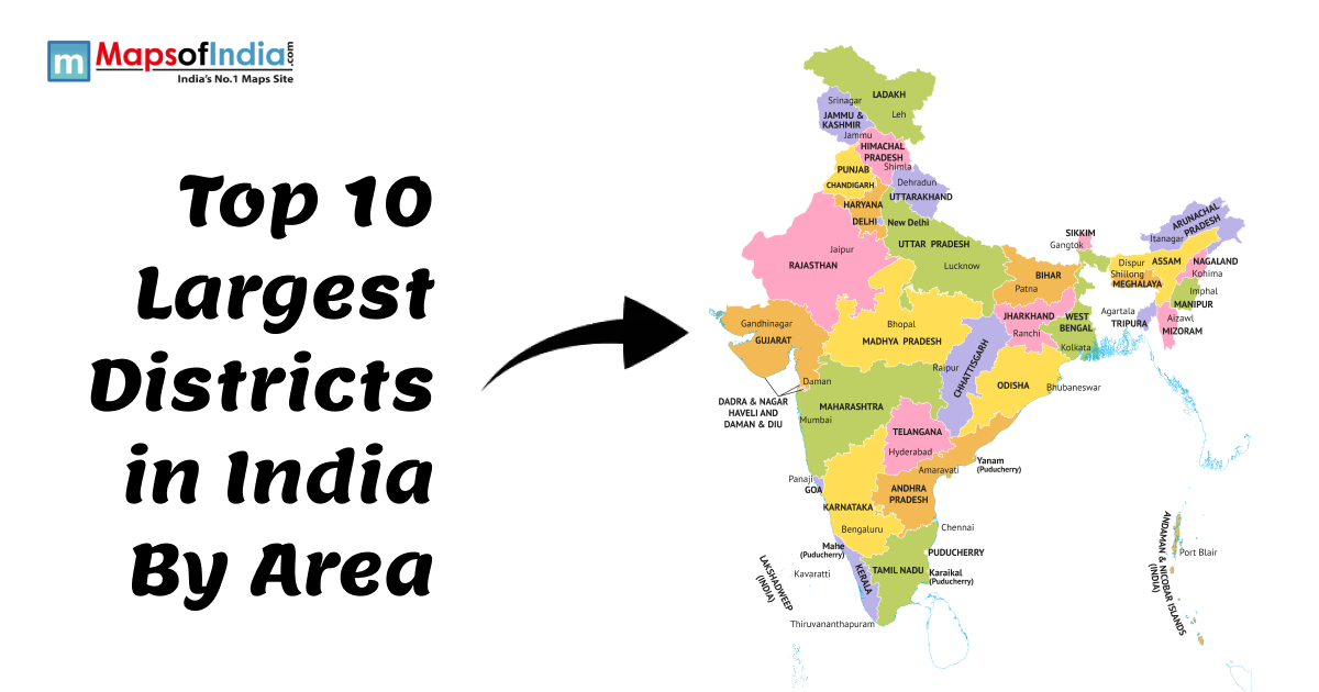 Top 10 largest districts in India by area map showing Indian states and geographical regions.