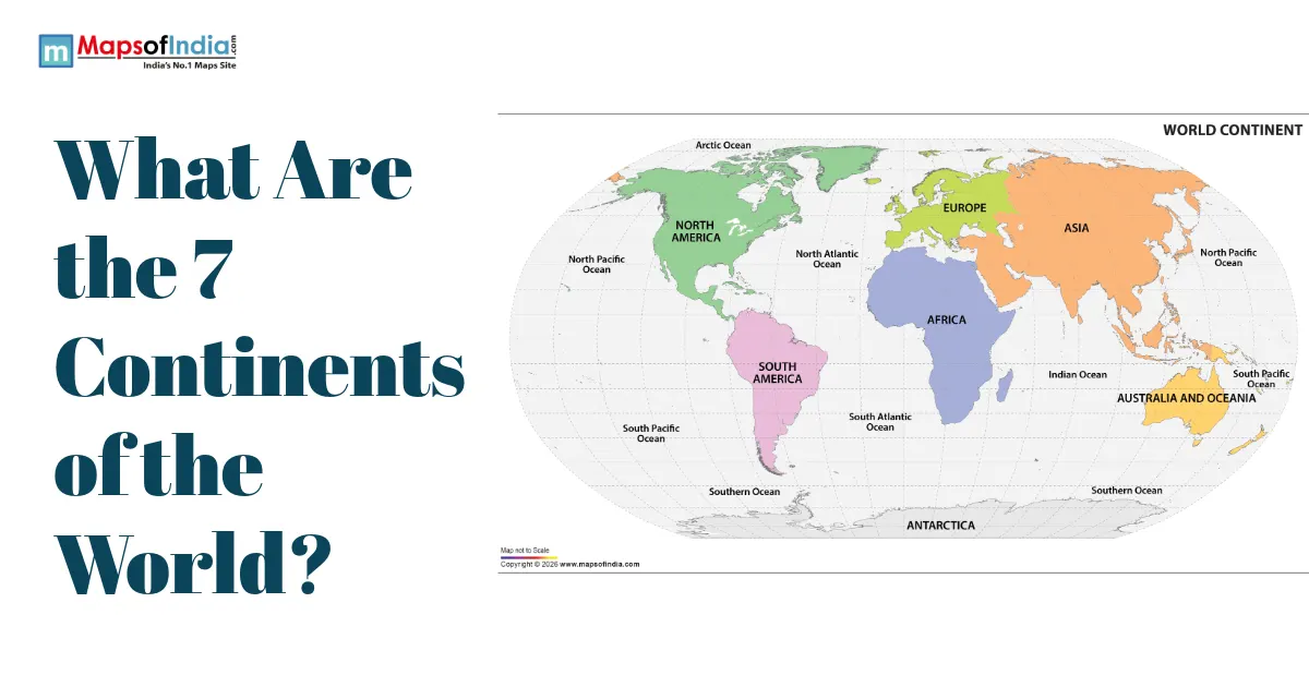 World map showing the 7 continents with their names and geographical locations.