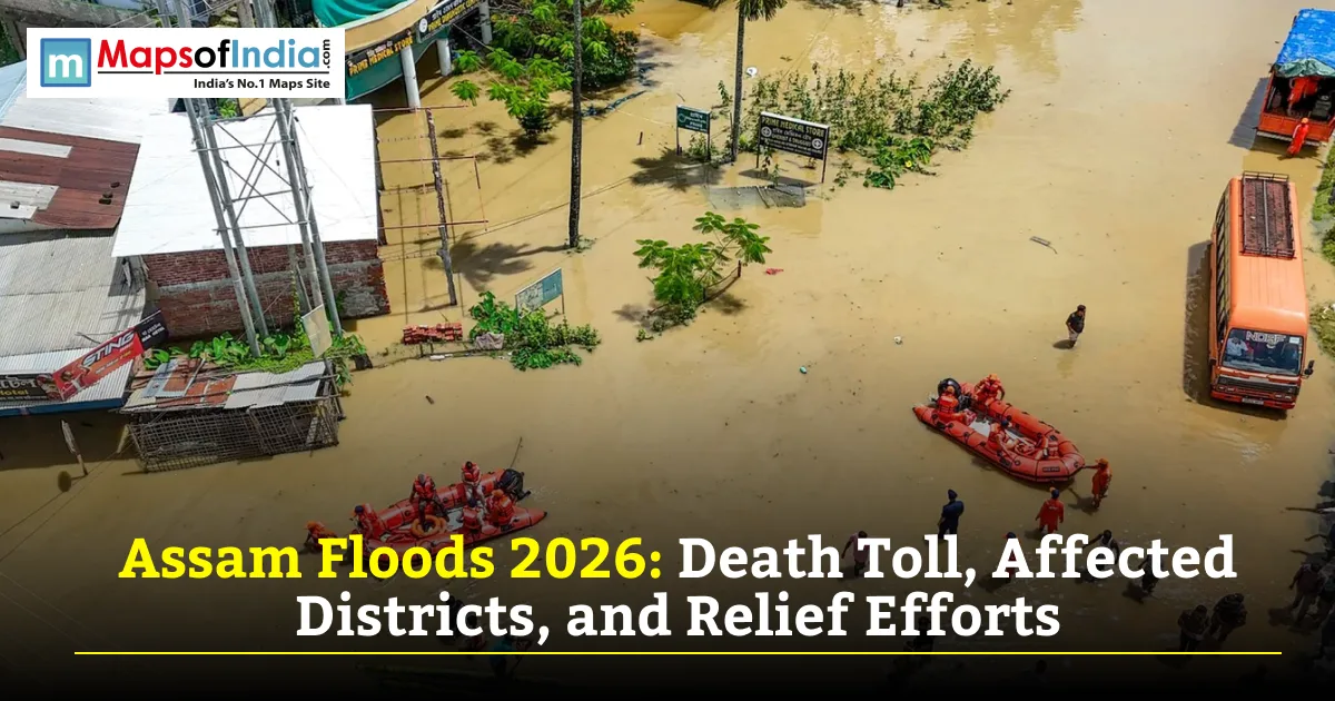 Rescue teams evacuating residents by inflatable boats during the Assam Floods 2026 in a severely flooded urban area.