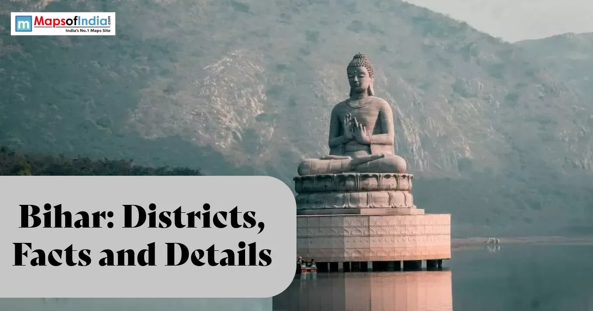 Large Buddha statue in Bihar with mountains in the background, representing Bihar's history, culture, and districts.