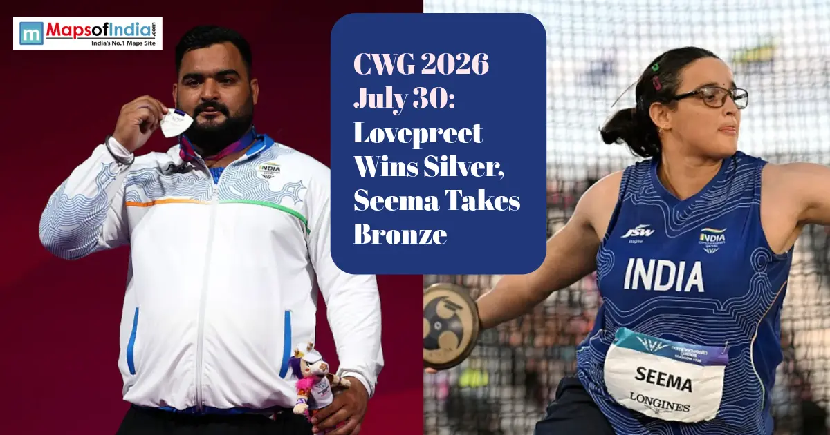 Lovepreet celebrates his CWG 2026 silver medal while Seema competes in the discus throw event, winning bronze for India on July 30.