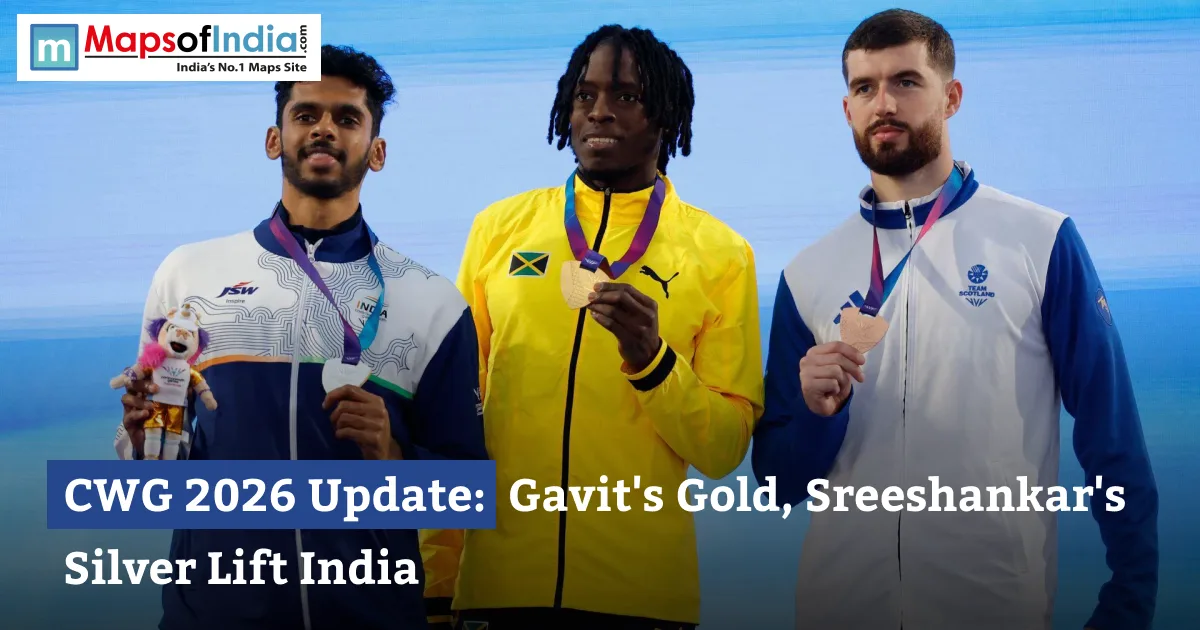 CWG 2026 medal ceremony featuring India's Murali Sreeshankar with silver medal and fellow medalists after the men's long jump event.