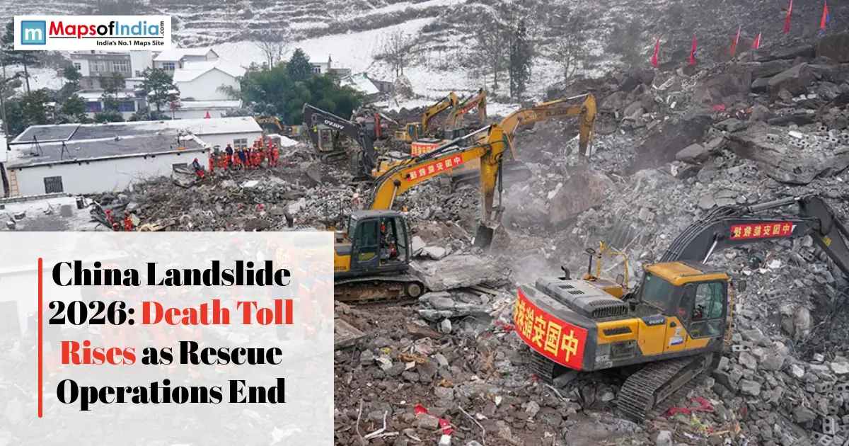 Rescue teams and excavators clearing debris after the China Landslide 2026 as search and rescue operations conclude.