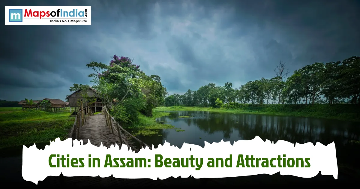 Scenic landscape in Assam featuring a traditional village, wooden bridge, lush greenery, and a peaceful lake, highlighting the beauty of Assam's cities.