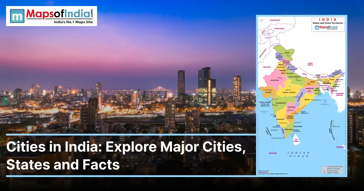 Cities in India banner featuring a city skyline and India political map with states and union territories.