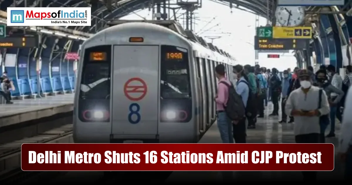 A Delhi Metro train arrives at a platform with waiting passengers; the image is overlaid with a headline reading 'Delhi Metro Shuts 16 Stations Amid CJP Protest.'