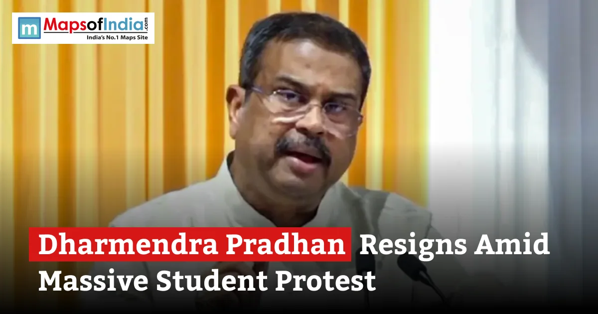 Dharmendra Pradhan speaking at a podium with headline text about his resignation.