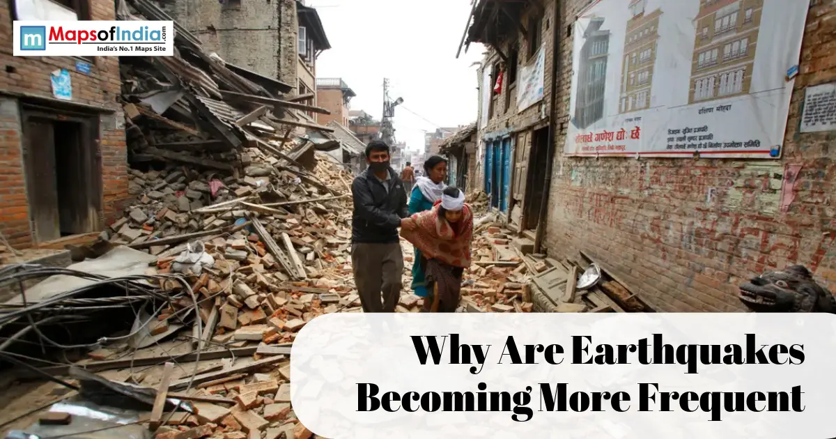 People walk through earthquake-damaged streets lined with collapsed buildings, illustrating the impact of seismic activity and earthquake disasters.