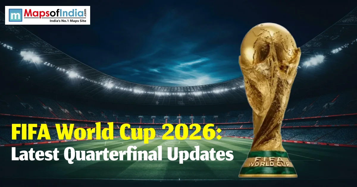 FIFA World Cup 2026 latest quarterfinal updates banner featuring the World Cup trophy inside a football stadium.