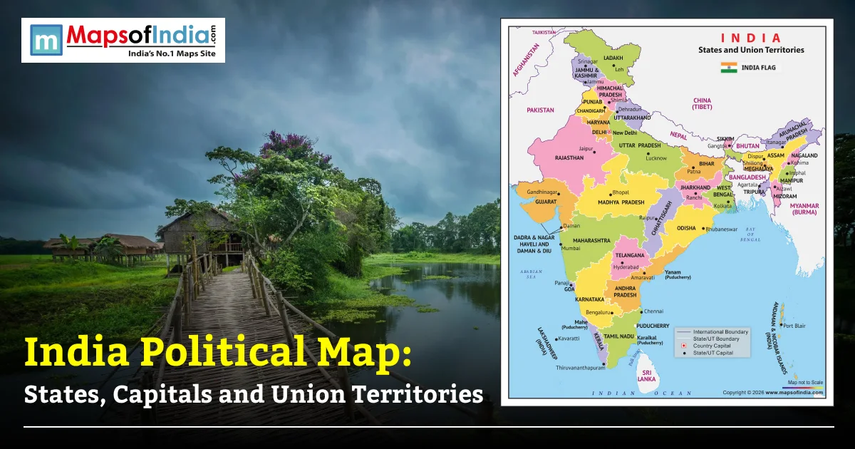 Political map of India showing all 28 states, 8 union territories, state capitals, and administrative boundaries.