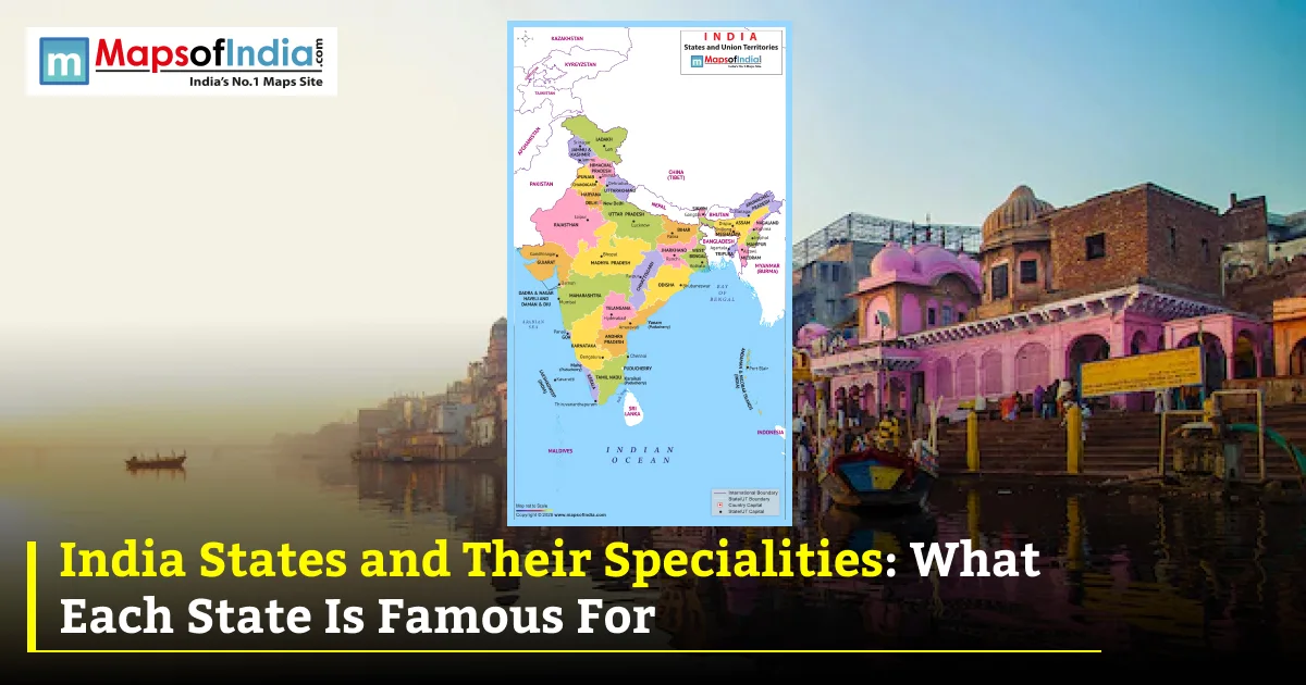 Political map of India highlighting the 28 states and their specialities, including famous landmarks, culture, food, and tourism.
