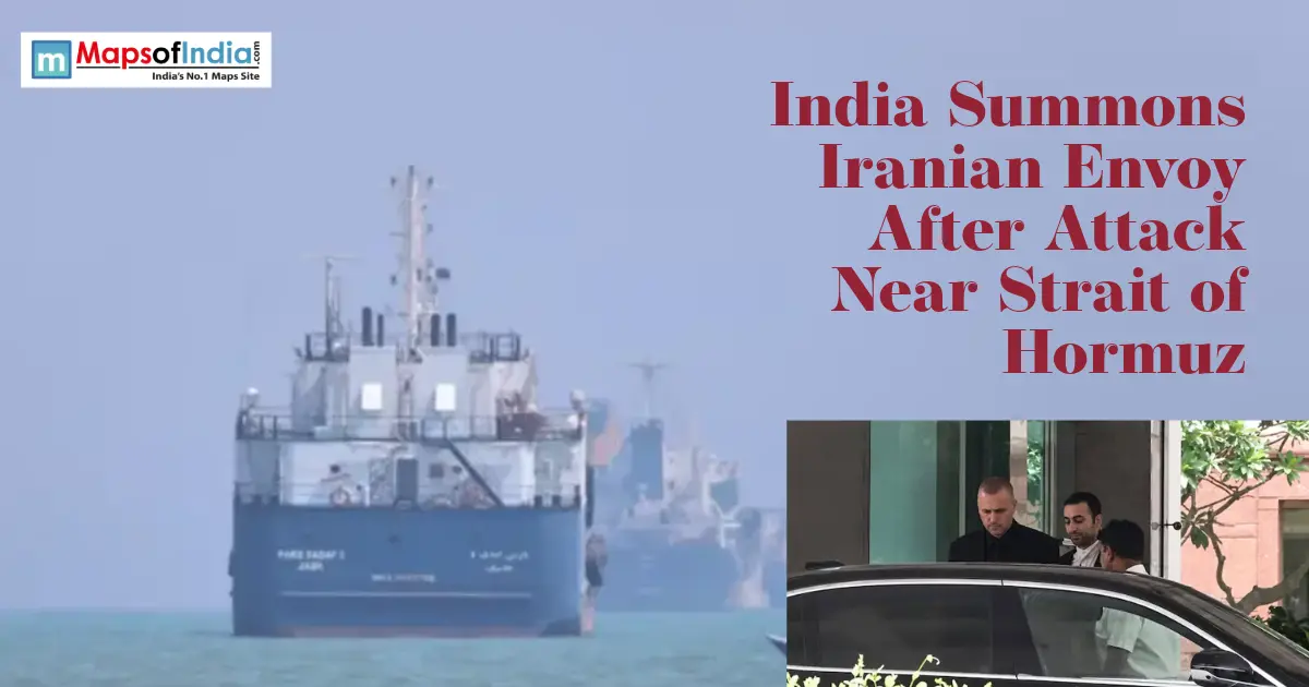 Cargo ship near the Strait of Hormuz with headline about India summoning the Iranian envoy after the attack.