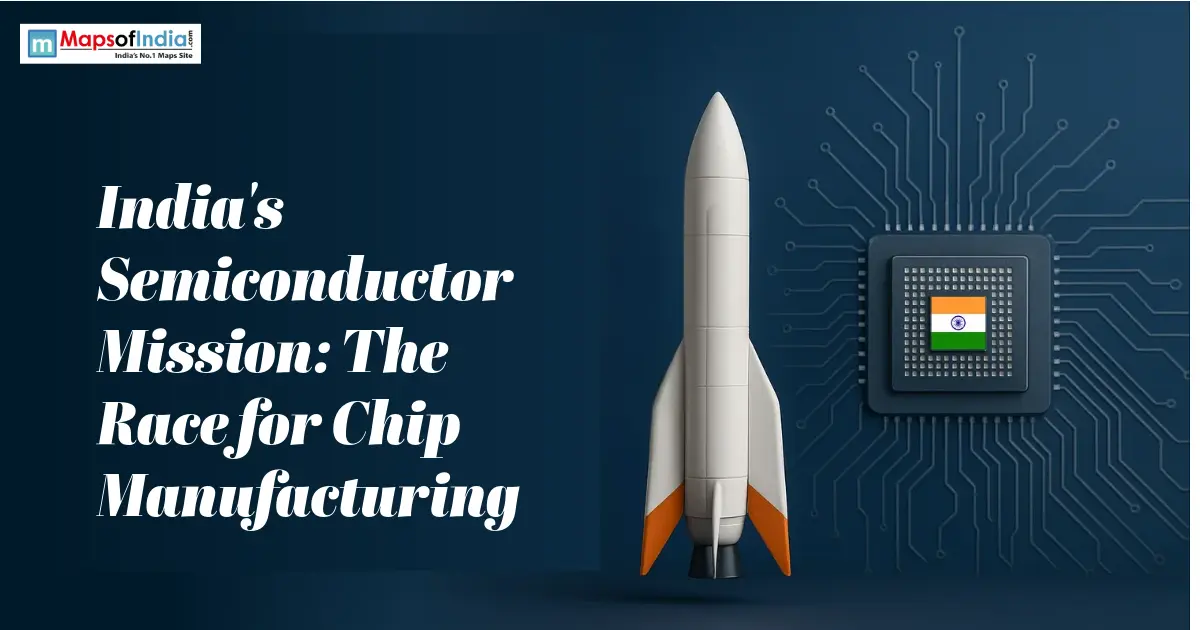 India's Semiconductor Mission featuring a microchip with the Indian flag and a rocket symbolizing India's chip manufacturing ambitions.