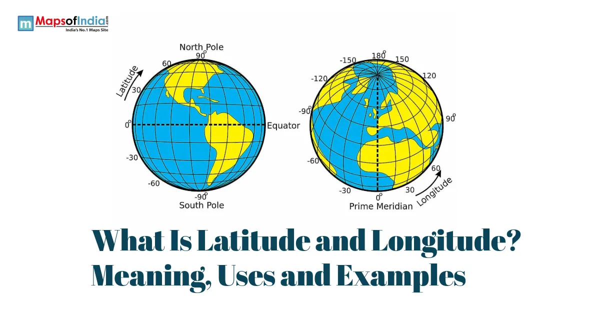 Illustration showing latitude and longitude lines on the globe, including the Equator, Prime Meridian, North Pole, and South Pole.