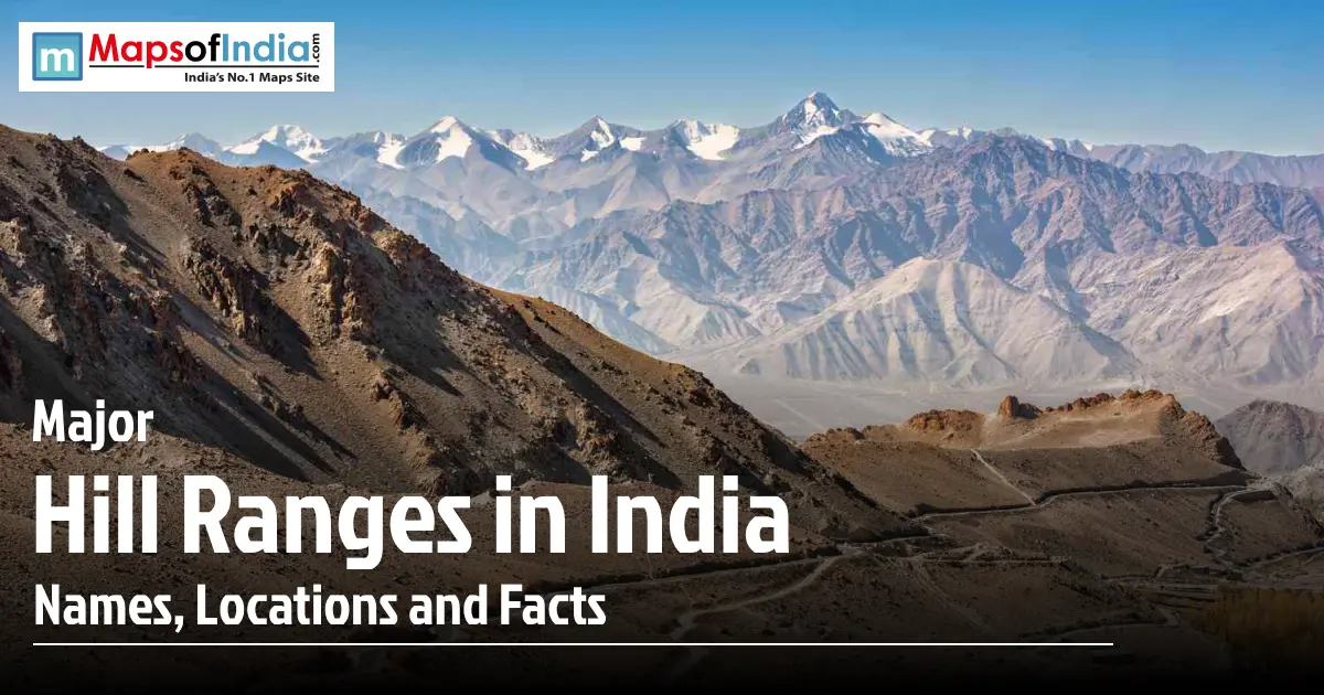 Panoramic view of India's major hill ranges with rugged mountains and snow-covered peaks.